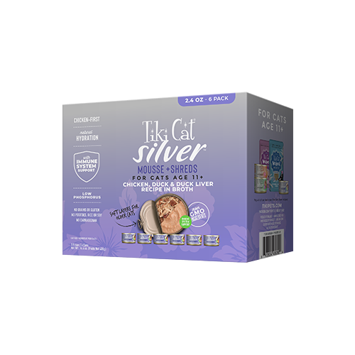 TIKI CAT SILVER SENIOR MOUSSE & SHREDS WITH CHICKEN, DUCK & DUCK LIVER RECIPE IN BROTH WET CAT FOOD 6 X 2.4OZ