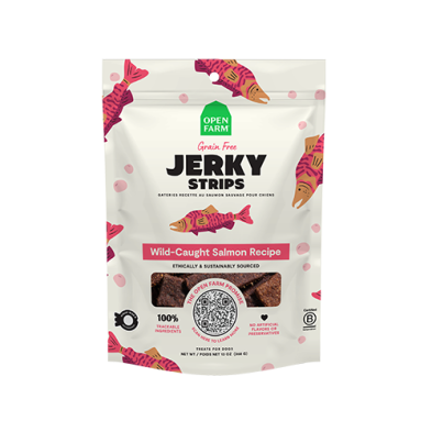 OPEN FARM GRAIN FREE JERKY STRIPS WILD-CAUGHT SALMON RECIPE DOG TREATS 13OZ