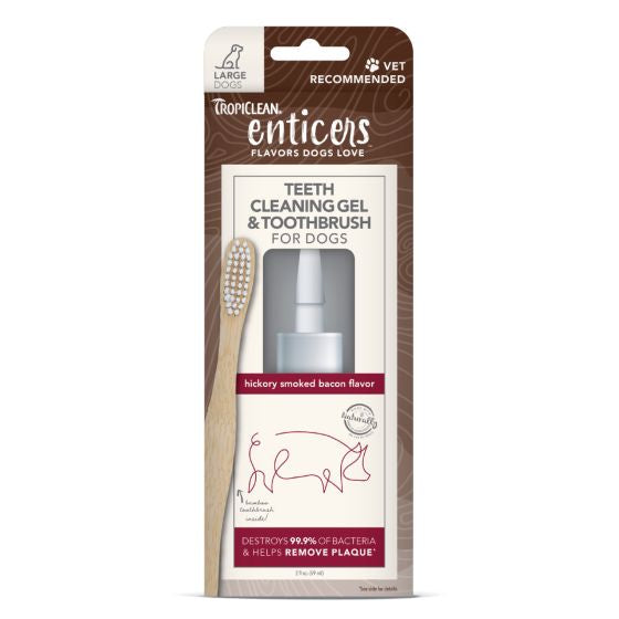 TROPICLEAN ENTICERS TEETH CLEANING GEL & TOOTHBRUSH HICKORY SMOKED BACON LARGE DOGS 2OZ