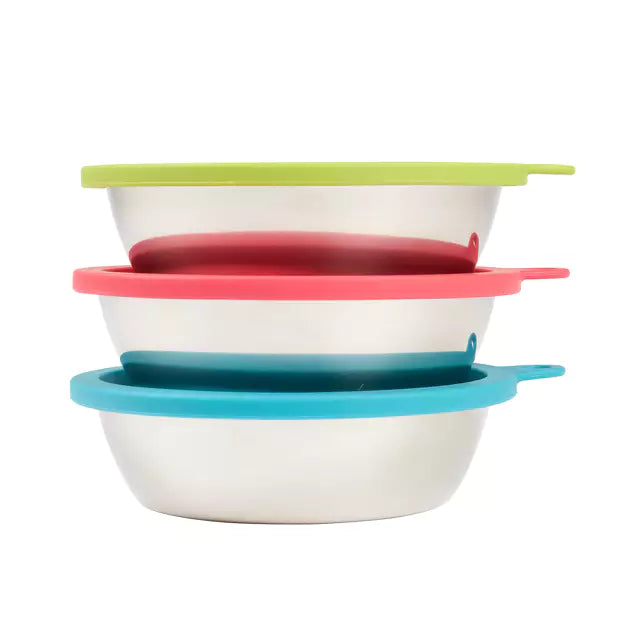 MESSY MUTTS 6PC SET - 3 STAINLESS BOWLS AND LIDS, XL (BLUE, GREEN, WATERMELON)