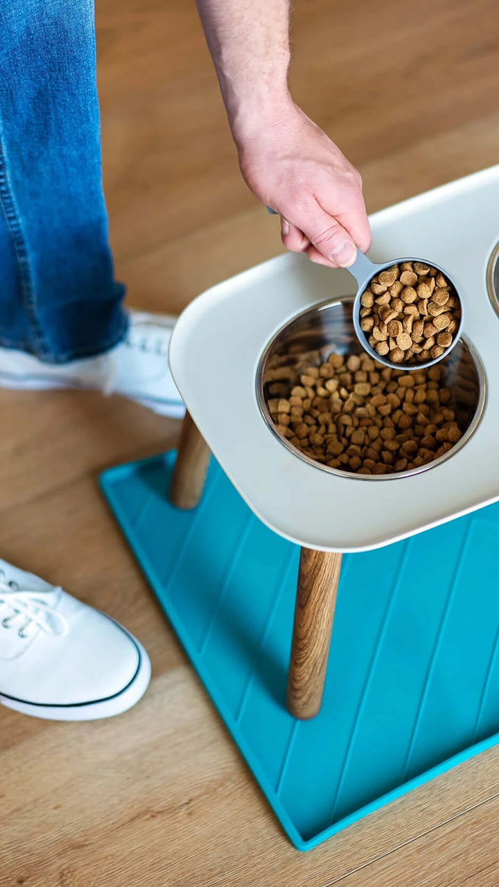 MESSY MUTTS - ELEVATED DOUBLE DOG FEEDER WITH STAINLESS BOWLS, ADJUSTABLE HEIGHT 3” TO 10”