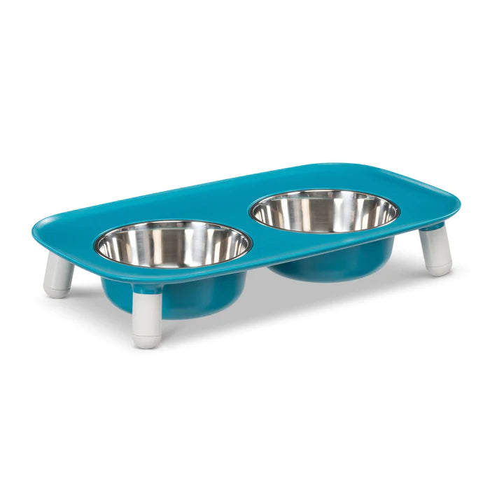 MESSY MUTTS - ELEVATED DOUBLE DOG FEEDER WITH STAINLESS BOWLS, ADJUSTABLE HEIGHT 3” TO 10”