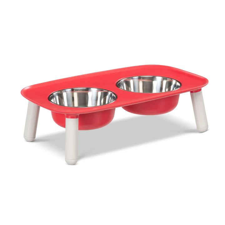 MESSY MUTTS - ELEVATED DOUBLE DOG FEEDER WITH STAINLESS BOWLS, ADJUSTABLE HEIGHT 3” TO 10”