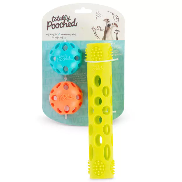 MESSY MUTTS - TOTALLY POOCHED HUFF’N PUFF RUBBER BALL & STICK SET 3PC