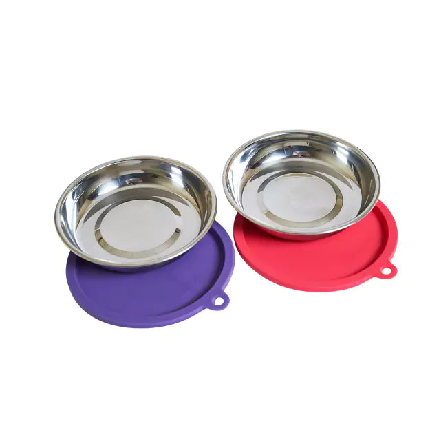MESSY CATS - 4PC SET - 2 STAINLESS SAUCER BOWLS AND LIDS, WATERMELON/PURPLE