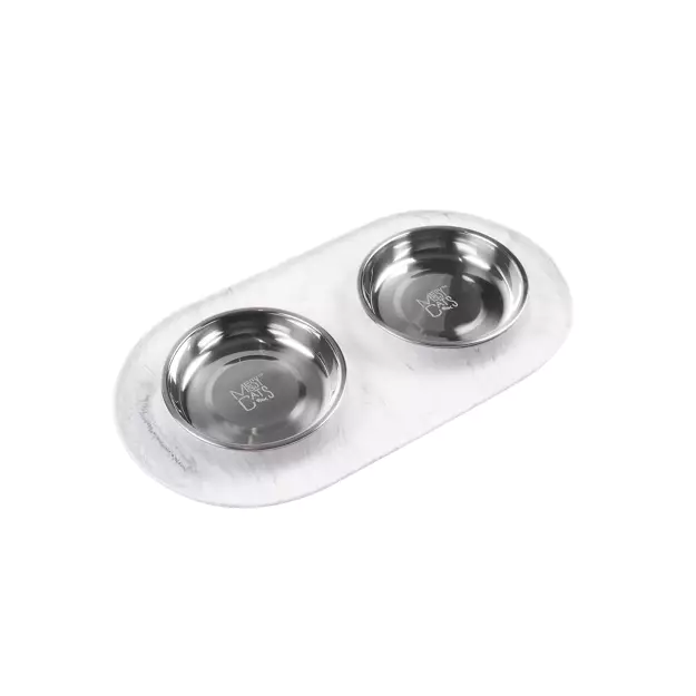 MESSY CATS - DOUBLE SILICONE FEEDER WITH STAINLESS SAUCER BOWLS 1.75CUPS, MARBLE