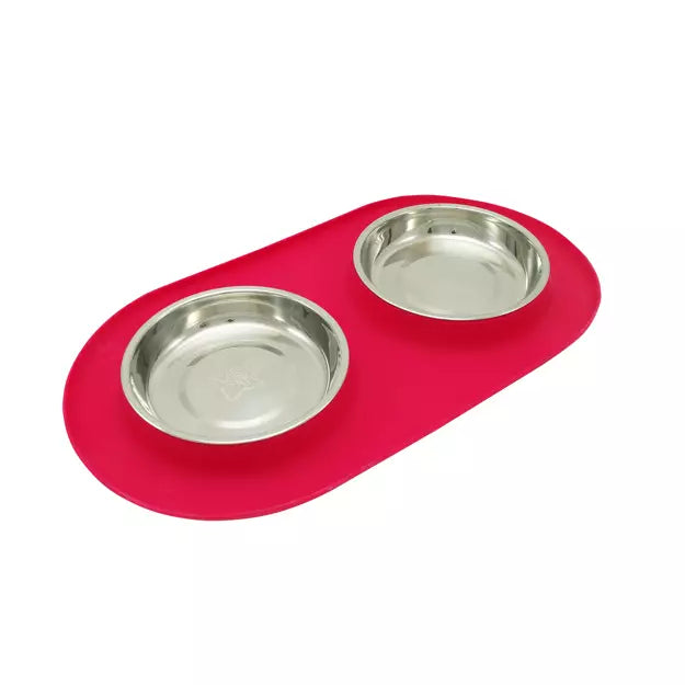 MESSY CATS - DOUBLE SILICONE FEEDER WITH STAINLESS SAUCER BOWLS 1.75 CUPS, WATERMELON
