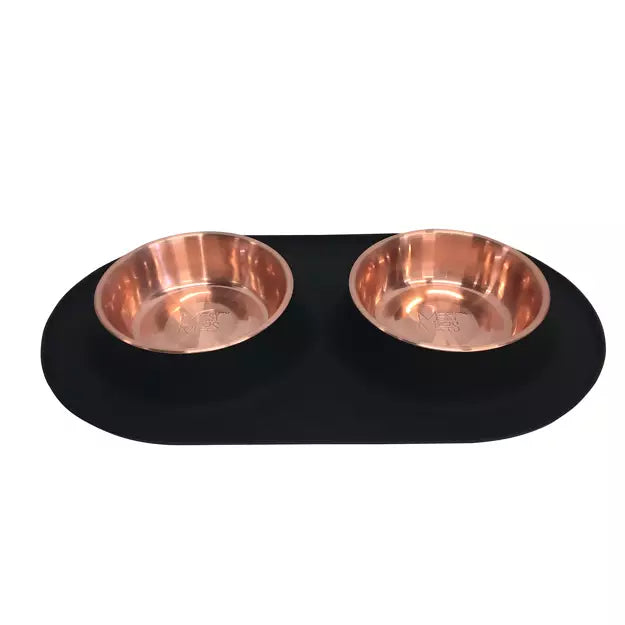 MESSY MUTTS - DOUBLE SILICONE FEEDER W/COPPER STAINLESS BOWLS 1.5 CUPS, MED, BLACK