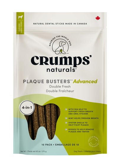 CRUMPS PLAQUE BUSTER ADVANCED DOUBLE FRESH DENTAL STICKS WITH SEA KELP & MINT DOG 10PC 7IN 270G (MEDIUM/LARGE DOGS)