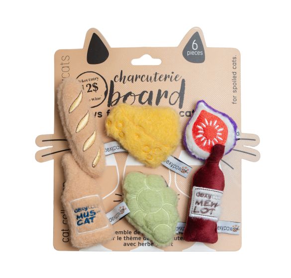 DEXYPAWS PLUSH CAT TOYS, WINE, CHEESE & GRAPES 6PC