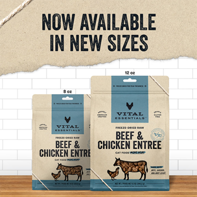 VITAL ESSENTIALS FREEZE-DRIED RAW BEEF & CHICKEN ENTREE CAT FOOD MINI NIBS 12 OZ