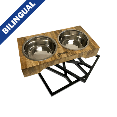 GOO-EEZ® 3-IN-1 ADJUSTABLE MANGO WOOD & METAL DOUBLE FEEDER WITH STAINLESS STEEL BOWLS