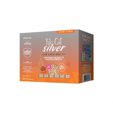 TIKI CAT SILVER SENIOR WHOLE FOODS WITH CHICKEN RECIPE IN CHICKEN BROTH WET CAT FOOD 6 x 2.4OZ